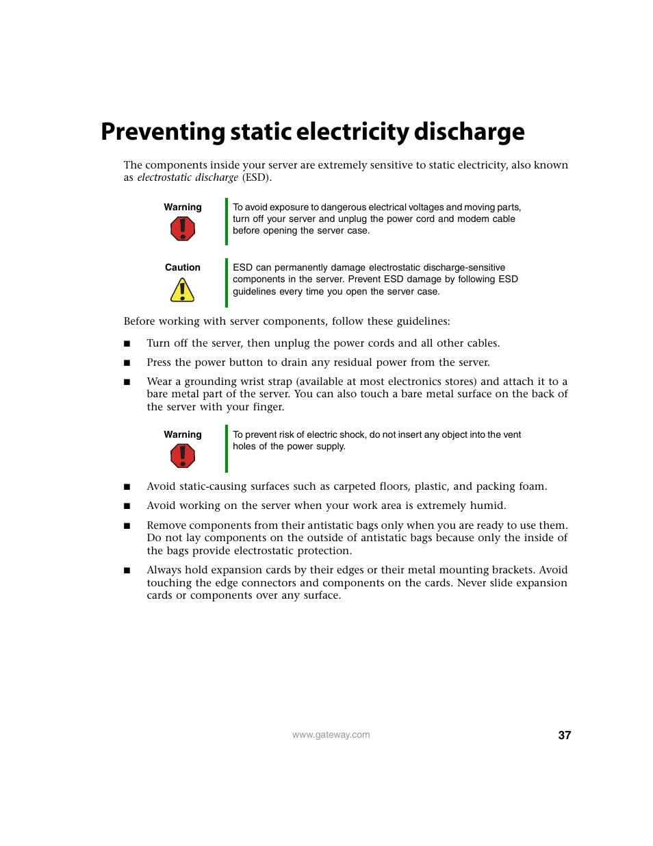 Preventing static electricity discharge | Gateway 9315 User Manual | Page 42 / 168