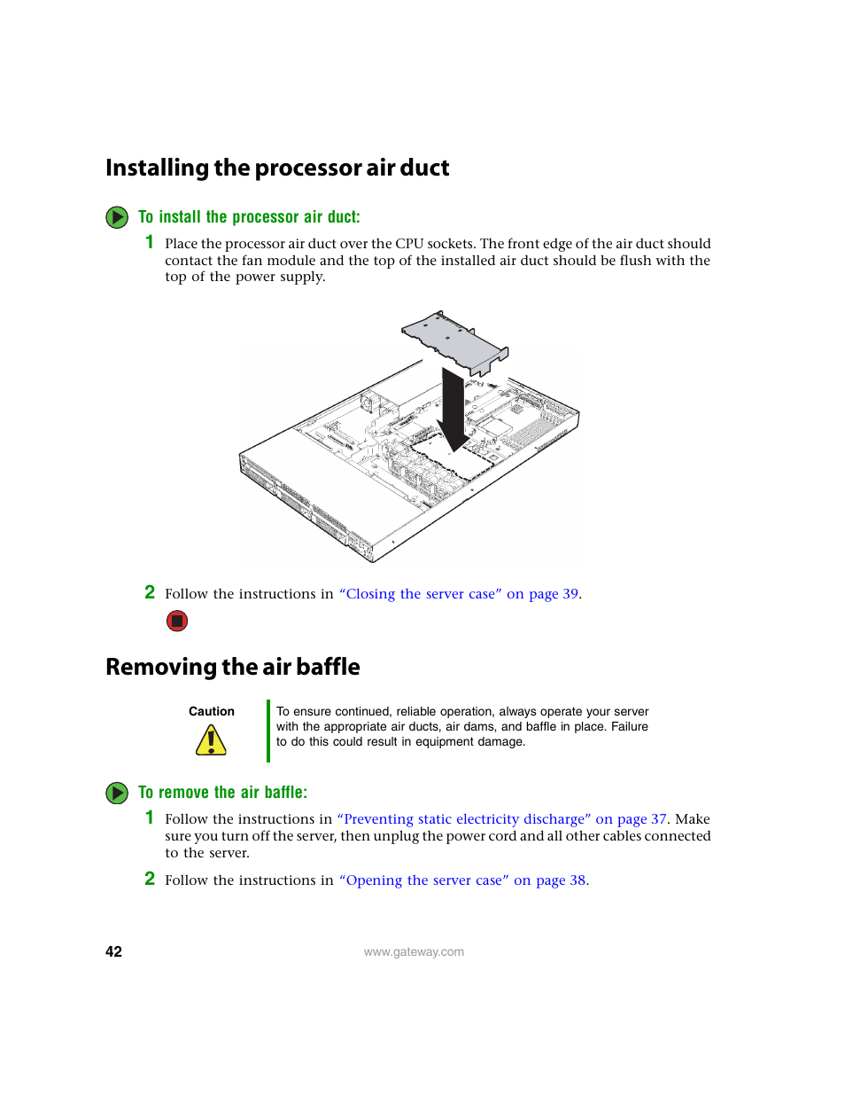 Installing the processor air duct, Removing the air baffle | Gateway 9315 User Manual | Page 47 / 168