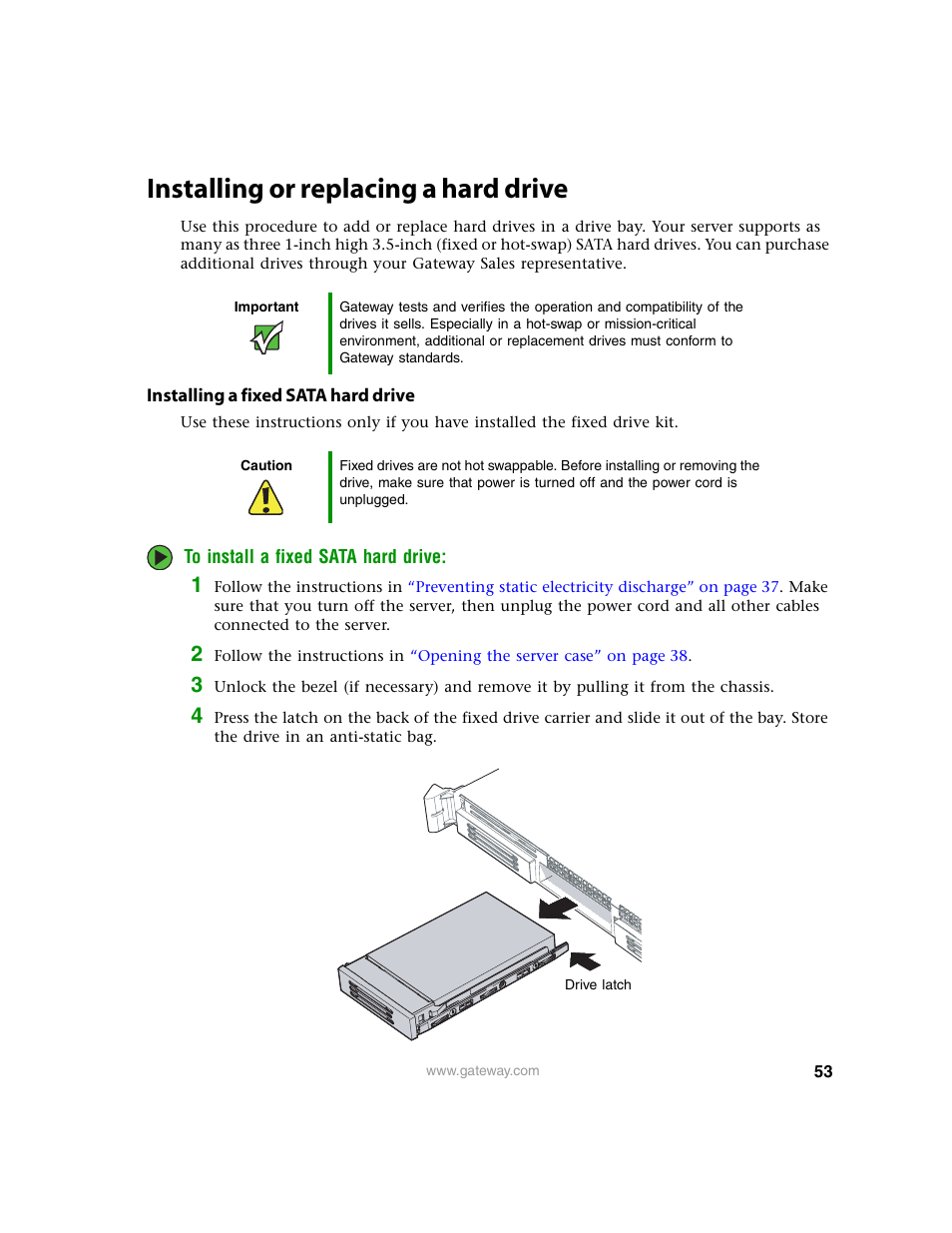 Installing or replacing a hard drive, Installing a fixed sata hard drive, To insta | Gateway 9315 User Manual | Page 58 / 168