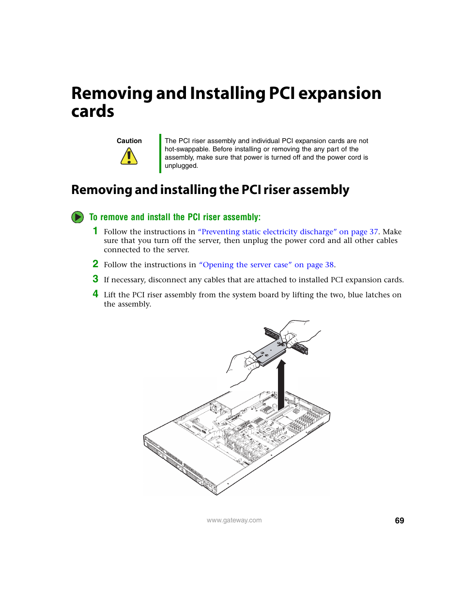 Removing and installing pci expansion cards, Removing and installing the pci riser assembly, Removing and | Gateway 9315 User Manual | Page 74 / 168