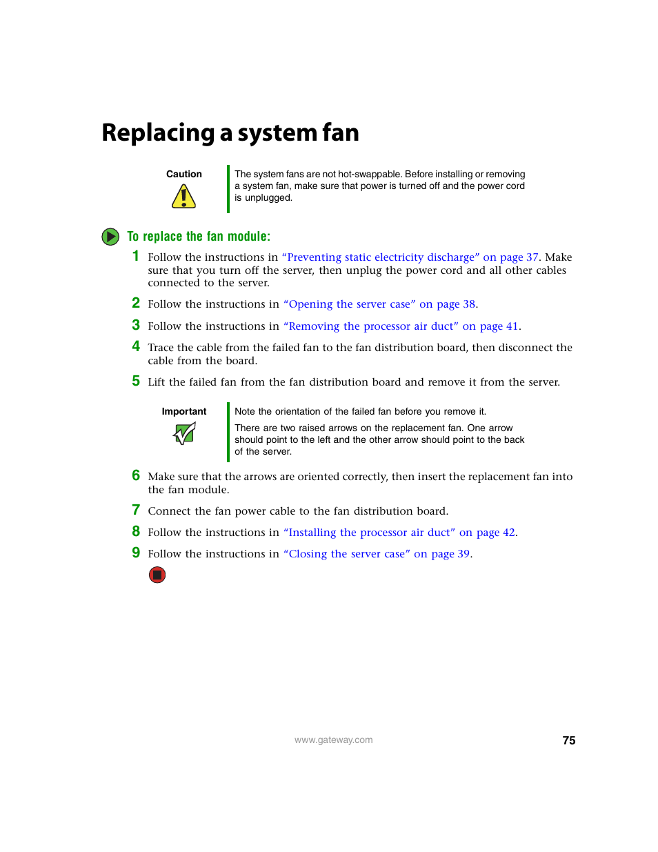 Replacing a system fan | Gateway 9315 User Manual | Page 80 / 168