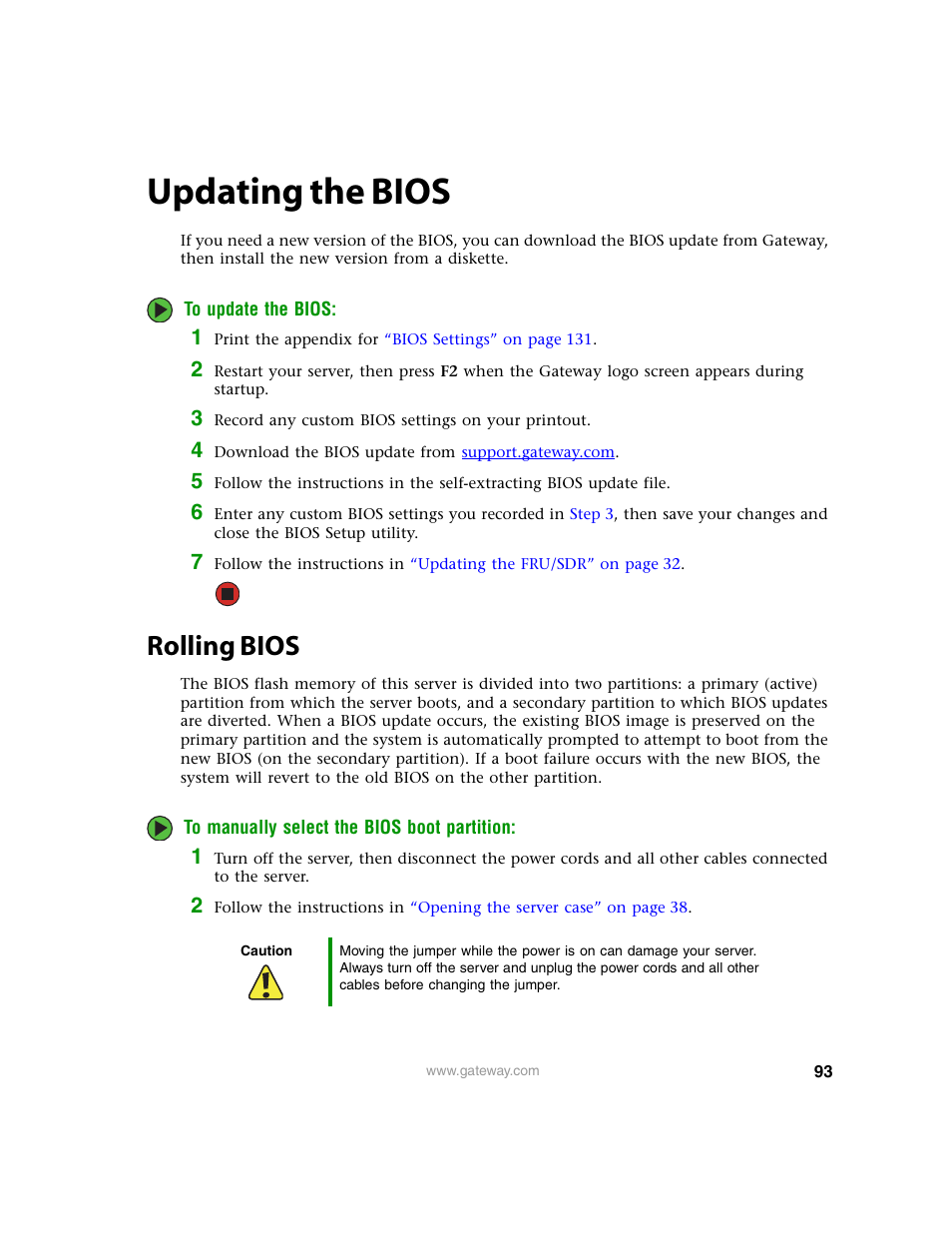 Updating the bios, Rolling bios, Updating the bios” on | Gateway 9315 User Manual | Page 98 / 168