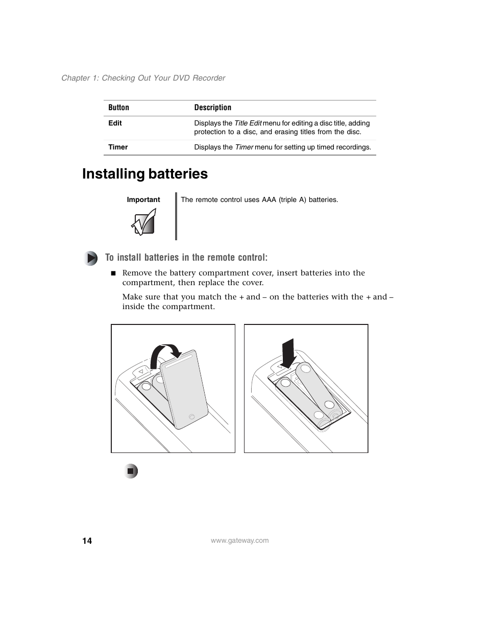 Installing batteries | Gateway AR-230 User Manual | Page 18 / 68