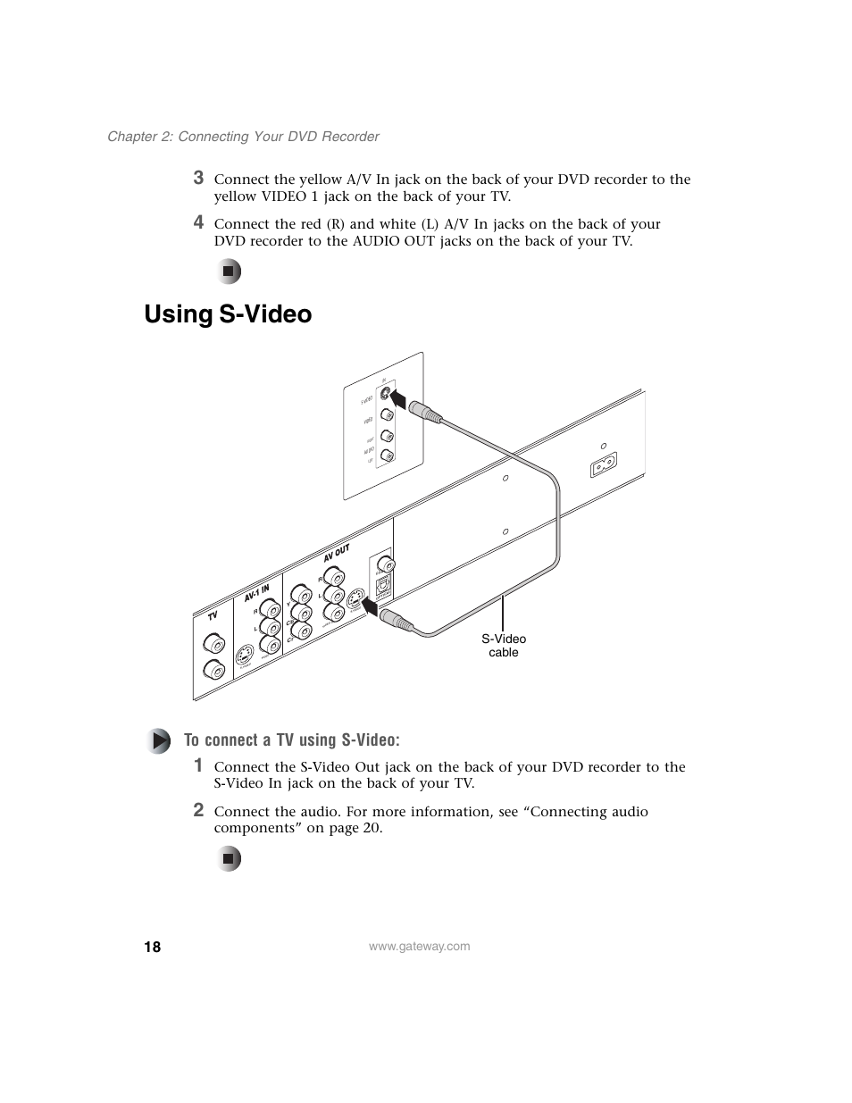 Using s-video, Chapter 2: connecting your dvd recorder, S-video cable | Gateway AR-230 User Manual | Page 22 / 68