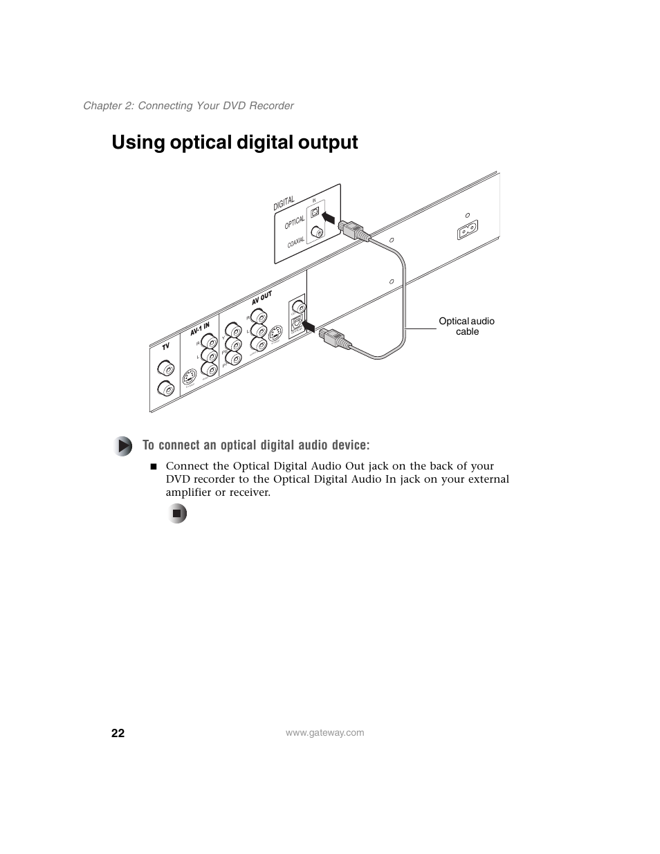 Using optical digital output, Chapter 2: connecting your dvd recorder, Optical audio cable | Digital | Gateway AR-230 User Manual | Page 26 / 68