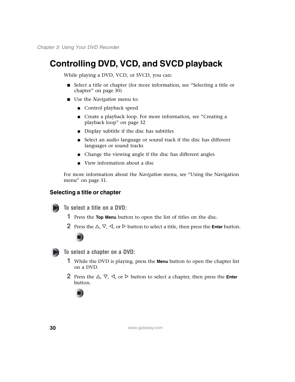 Controlling dvd, vcd, and svcd playback | Gateway AR-230 User Manual | Page 34 / 68
