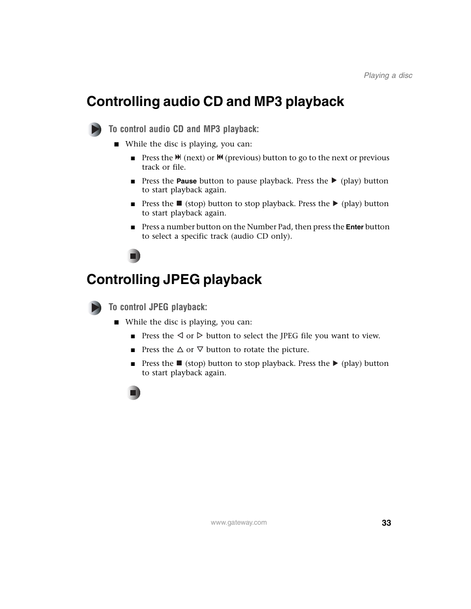 Controlling audio cd and mp3 playback, Controlling jpeg playback | Gateway AR-230 User Manual | Page 37 / 68