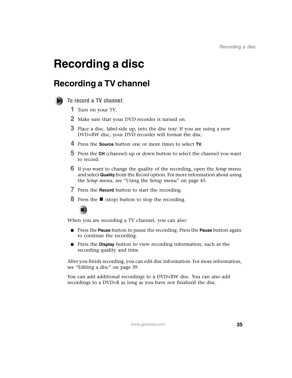 Recording a disc, Recording a tv channel | Gateway AR-230 User Manual | Page 39 / 68