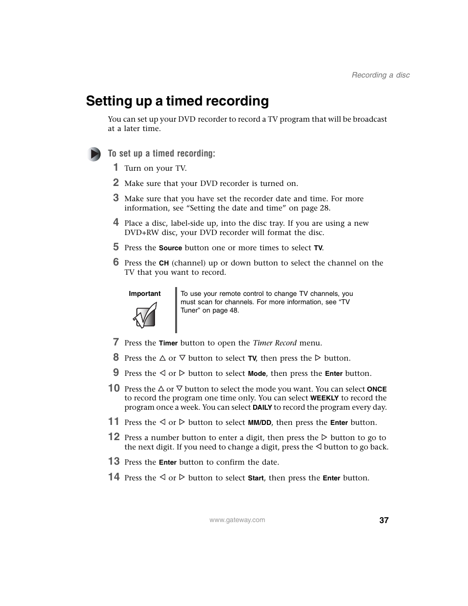 Setting up a timed recording | Gateway AR-230 User Manual | Page 41 / 68