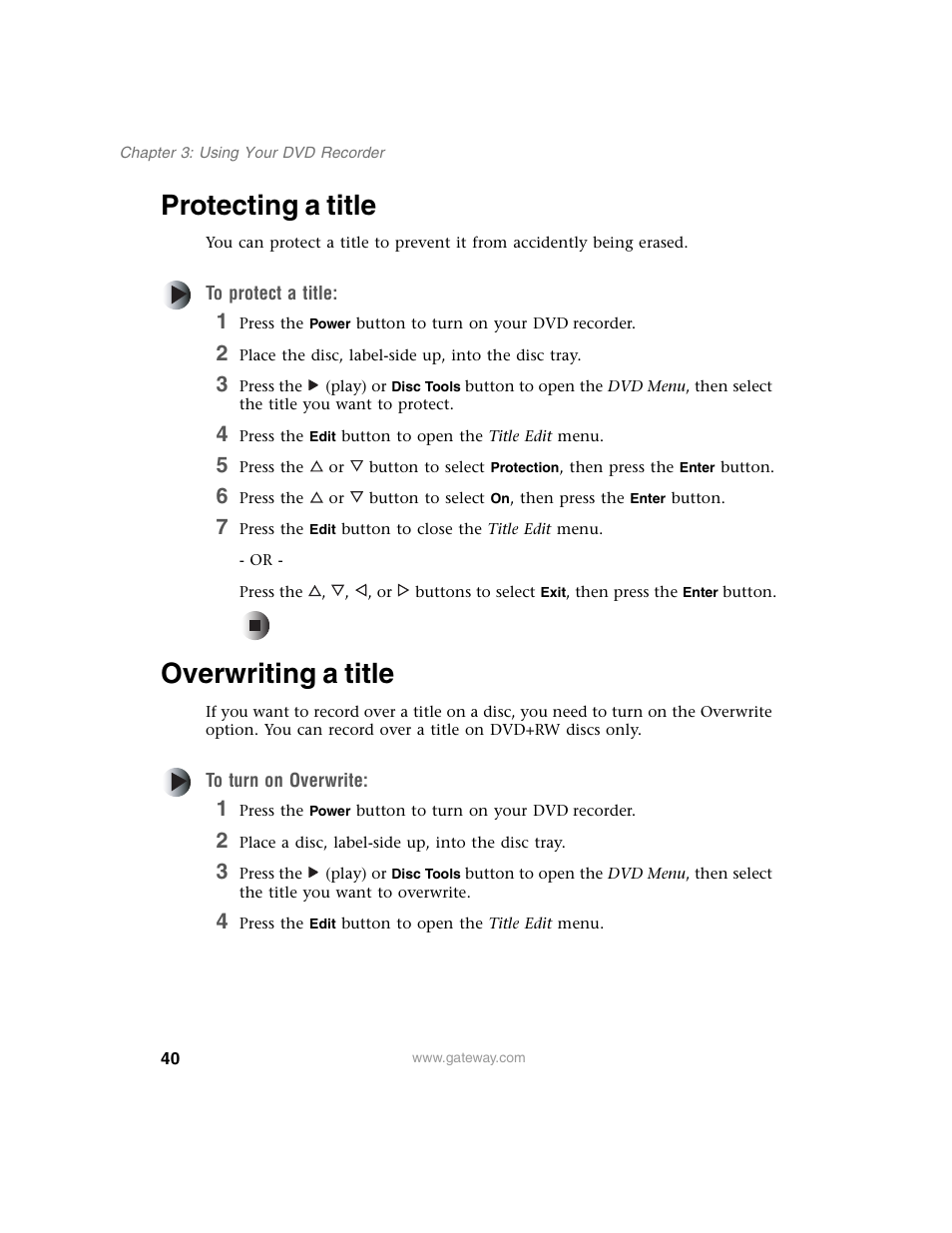 Protecting a title, Overwriting a title | Gateway AR-230 User Manual | Page 44 / 68