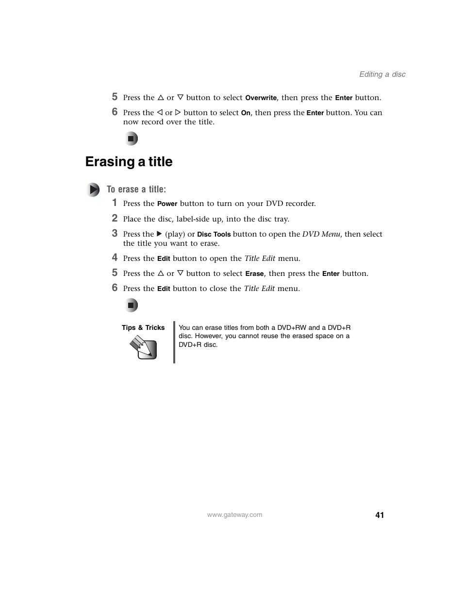 Erasing a title | Gateway AR-230 User Manual | Page 45 / 68