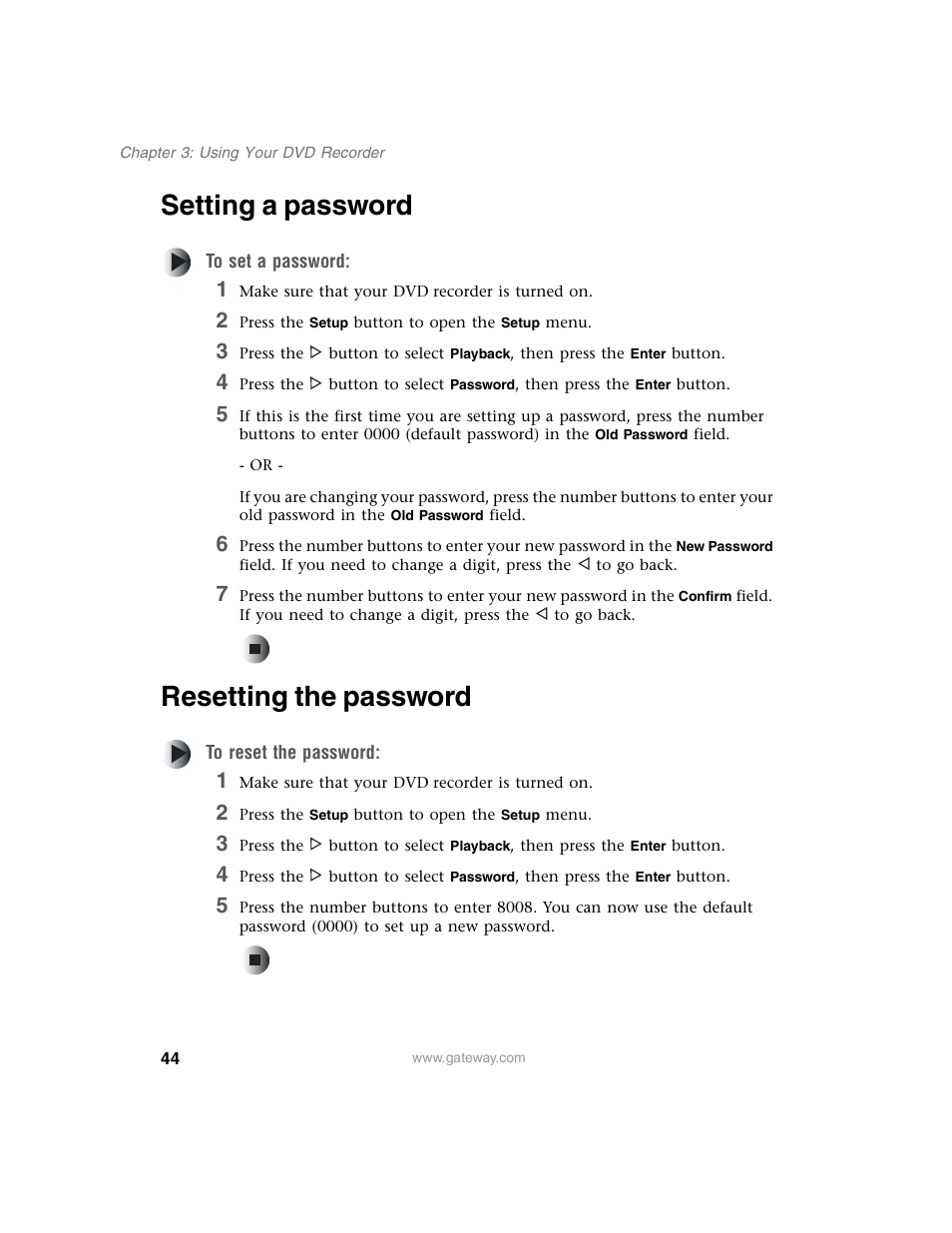 Setting a password, Resetting the password, Setting a password resetting the password | Gateway AR-230 User Manual | Page 48 / 68