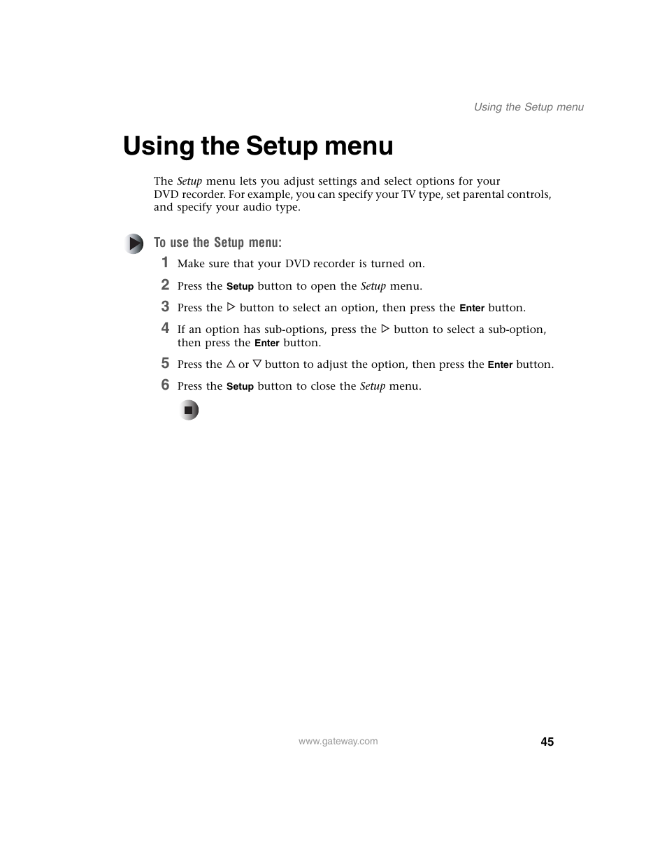 Using the setup menu | Gateway AR-230 User Manual | Page 49 / 68
