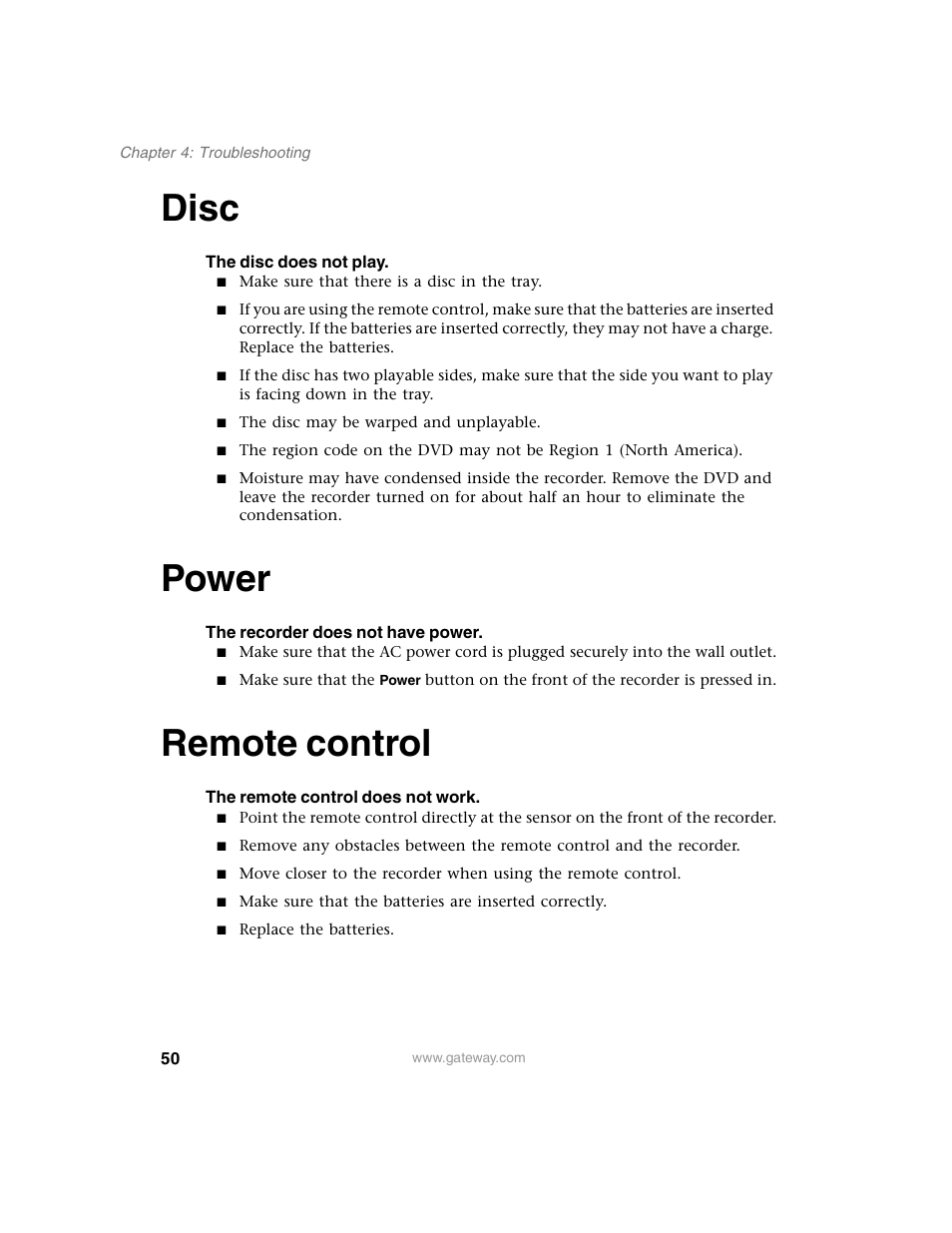 Disc, Power, Remote control | Disc power remote control | Gateway AR-230 User Manual | Page 54 / 68