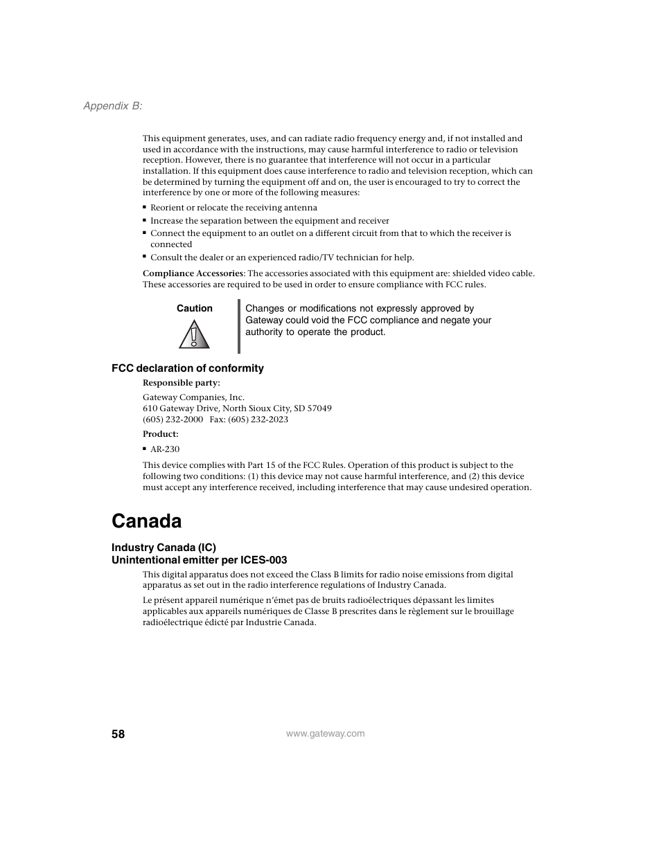 Canada | Gateway AR-230 User Manual | Page 62 / 68