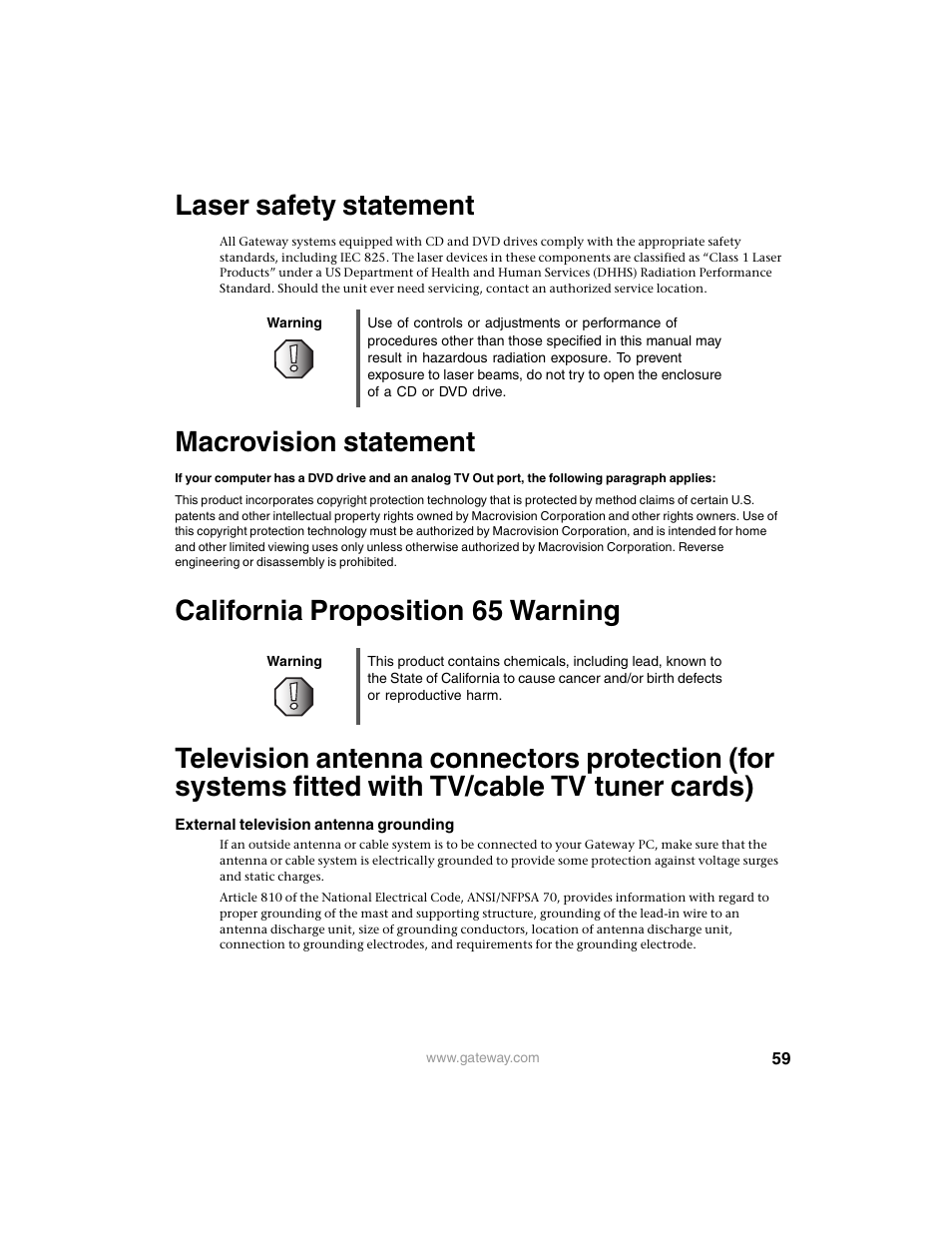 Laser safety statement, Macrovision statement | Gateway AR-230 User Manual | Page 63 / 68