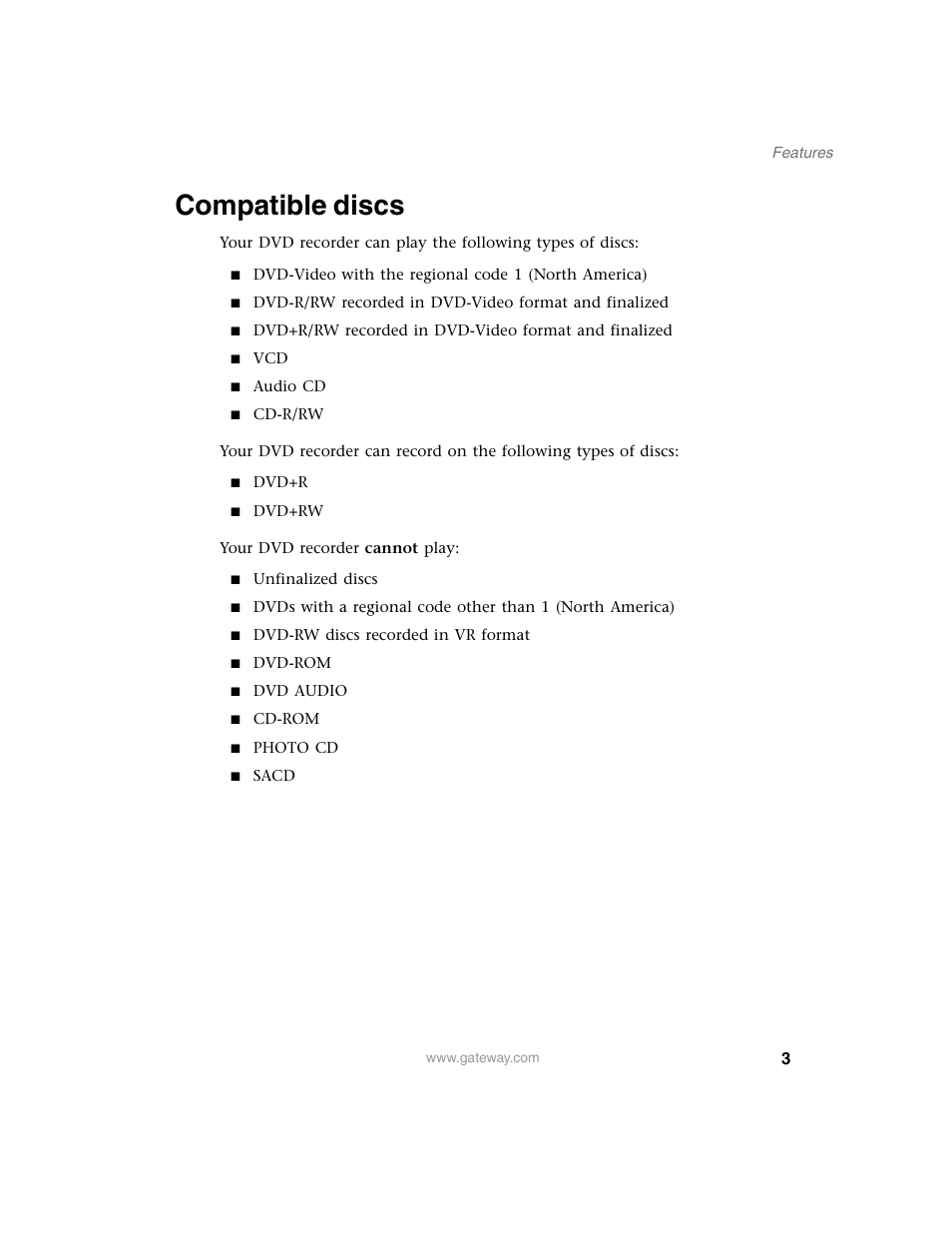 Compatible discs | Gateway AR-230 User Manual | Page 7 / 68