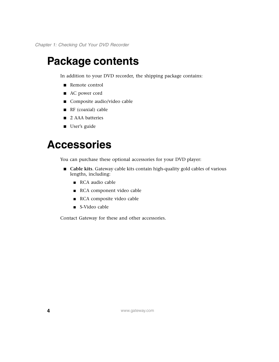 Package contents, Accessories, Package contents accessories | Gateway AR-230 User Manual | Page 8 / 68