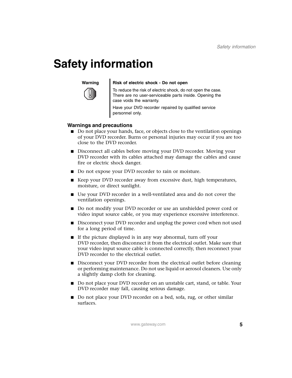 Safety information | Gateway AR-230 User Manual | Page 9 / 68