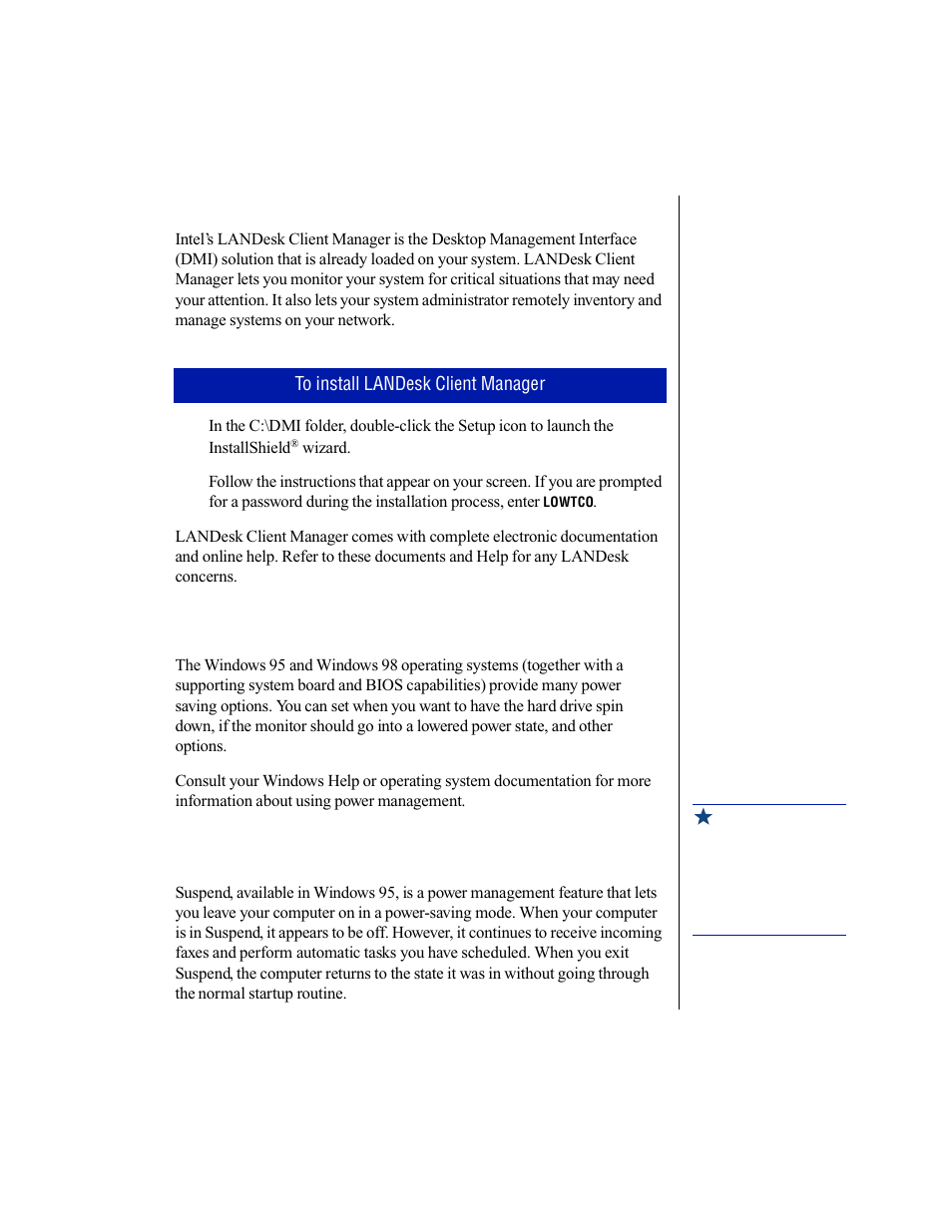 Installing landesk client manager, Advanced power management (apm), Using suspend mode | Gateway E-1200 User Manual | Page 26 / 42