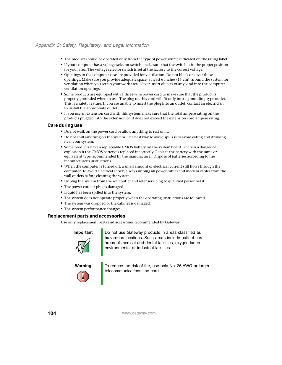 Care during use, Replacement parts and accessories | Gateway 920 User Manual | Page 109 / 122