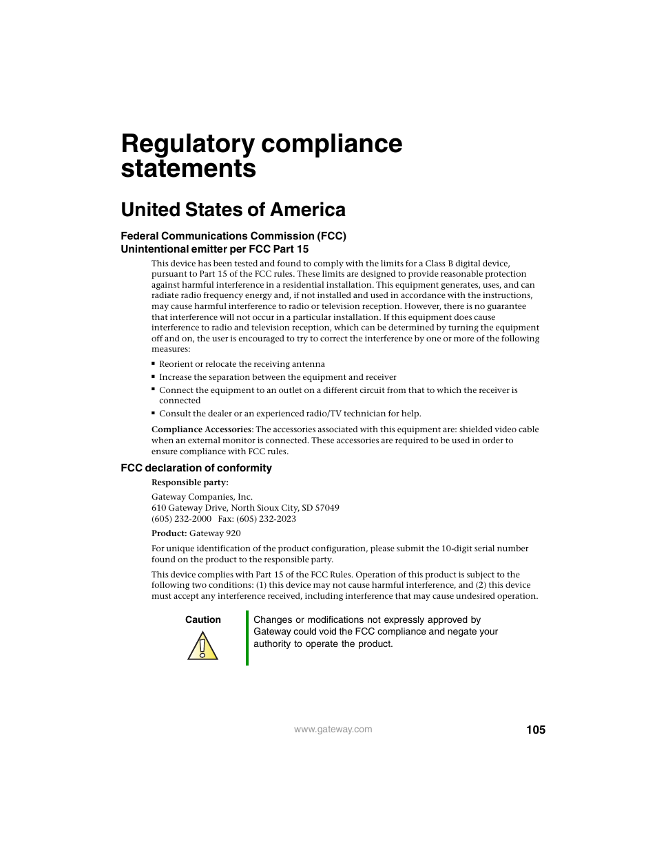 Regulatory compliance statements, United states of america | Gateway 920 User Manual | Page 110 / 122