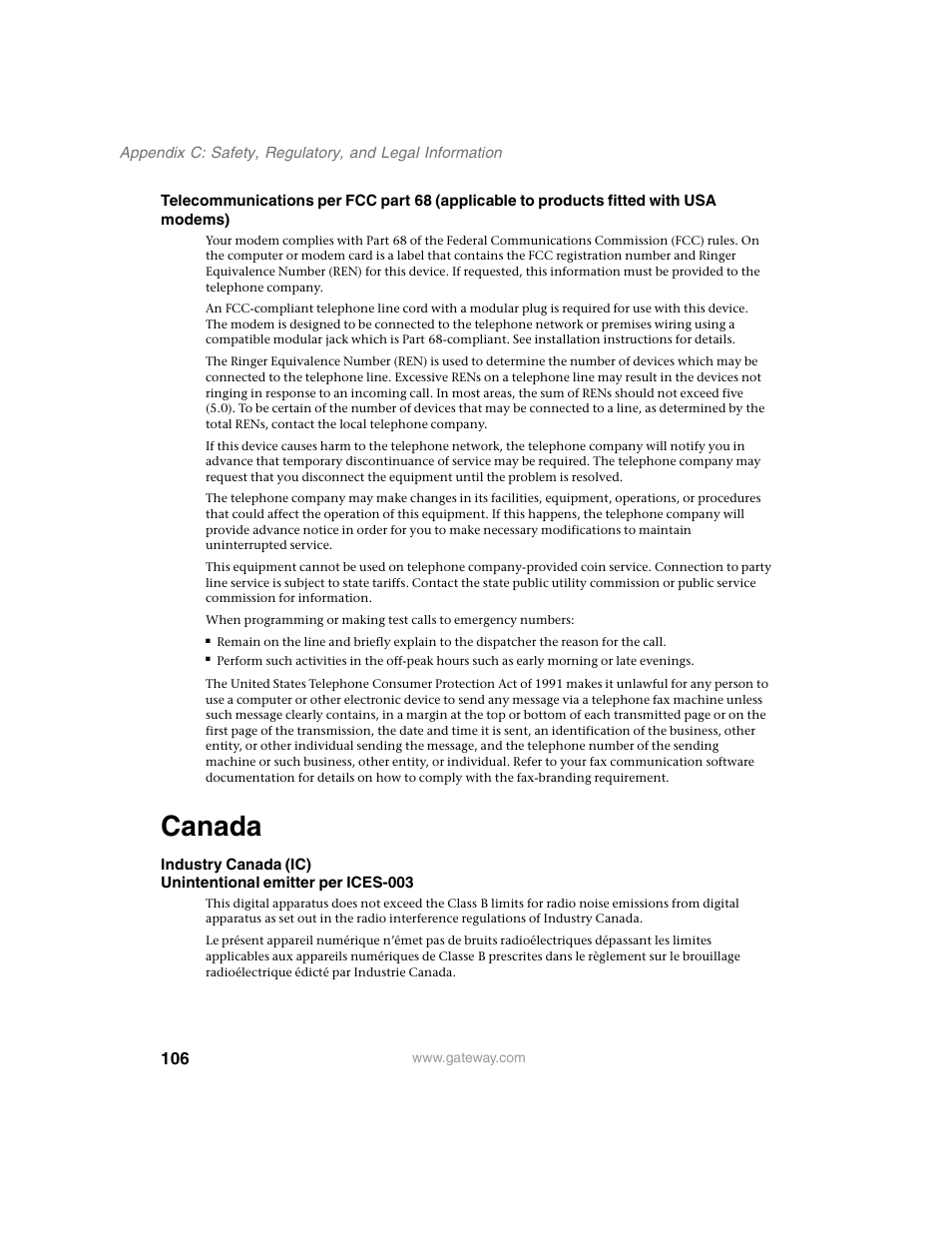 Canada | Gateway 920 User Manual | Page 111 / 122