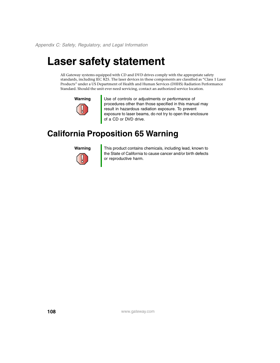 Laser safety statement, California proposition 65 warning | Gateway 920 User Manual | Page 113 / 122
