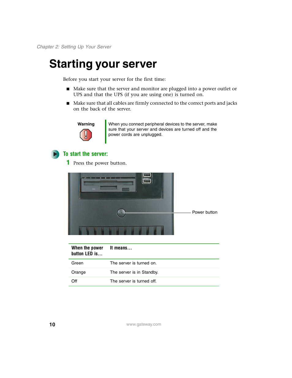 Starting your server, To start the server | Gateway 920 User Manual | Page 15 / 122