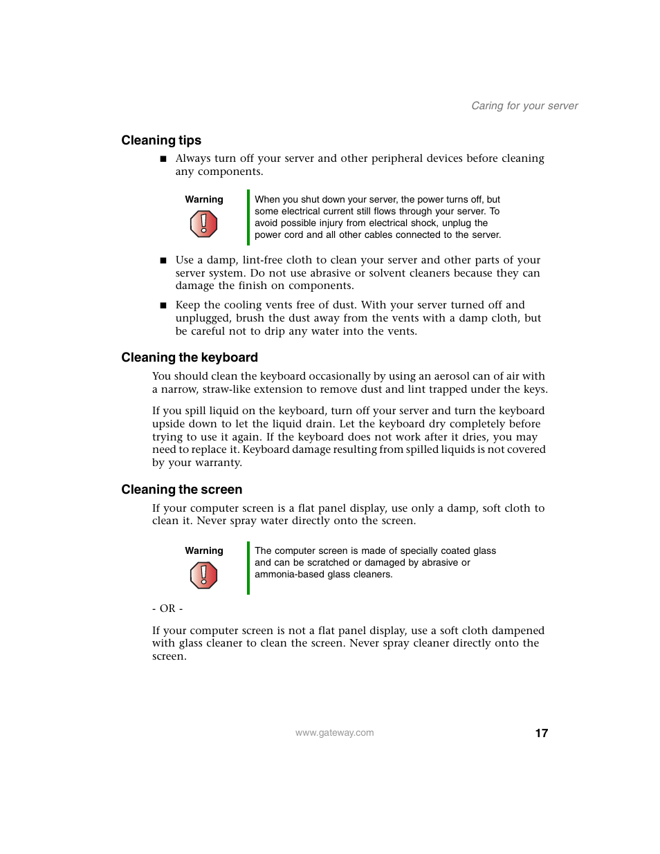 Cleaning tips, Cleaning the keyboard, Cleaning the screen | Gateway 920 User Manual | Page 22 / 122