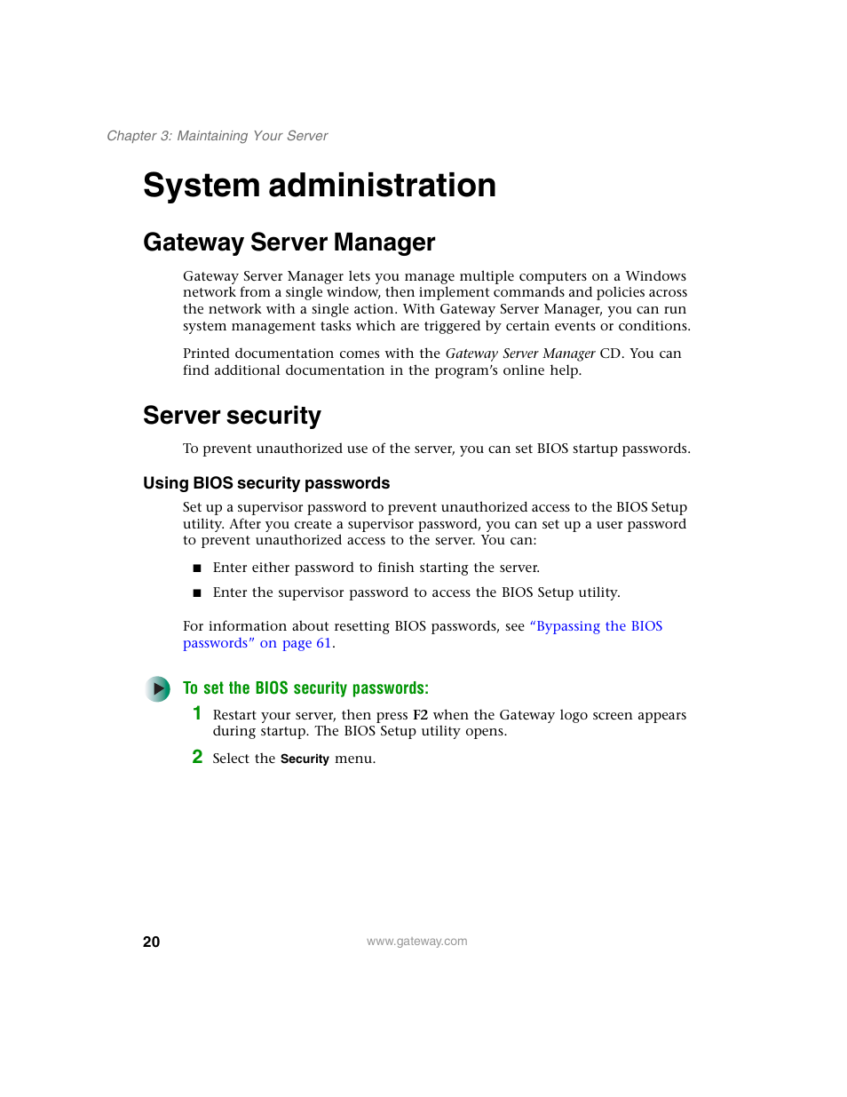 System administration, Gateway server manager, Server security | Using bios security passwords, To set the bios security passwords, Gateway server manager server security | Gateway 920 User Manual | Page 25 / 122