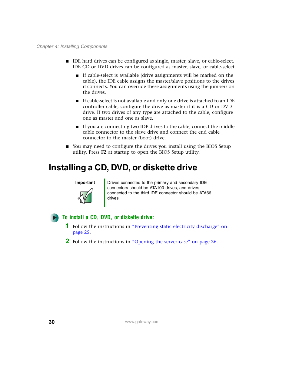 Installing a cd, dvd, or diskette drive, To install a cd, dvd, or diskette drive | Gateway 920 User Manual | Page 35 / 122