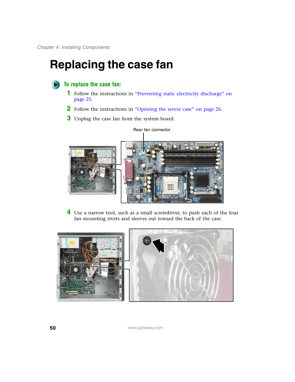 Replacing the case fan, To replace the case fan | Gateway 920 User Manual | Page 55 / 122