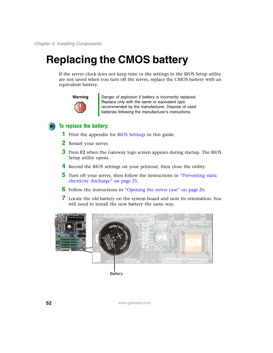 Replacing the cmos battery, To replace the battery | Gateway 920 User Manual | Page 57 / 122