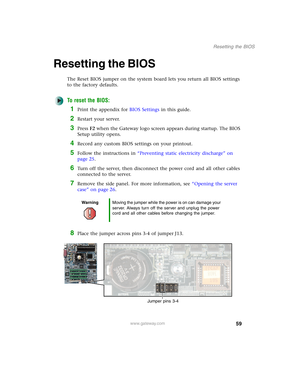 Resetting the bios, To reset the bios | Gateway 920 User Manual | Page 64 / 122