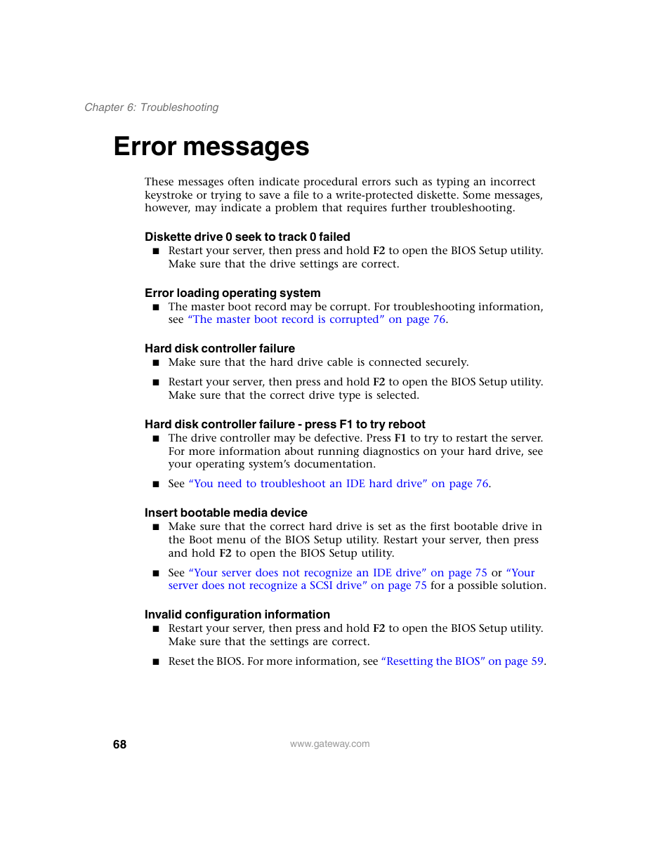 Error messages, Diskette drive 0 seek to track 0 failed, Error loading operating system | Hard disk controller failure, Insert bootable media device, Invalid configuration information | Gateway 920 User Manual | Page 73 / 122