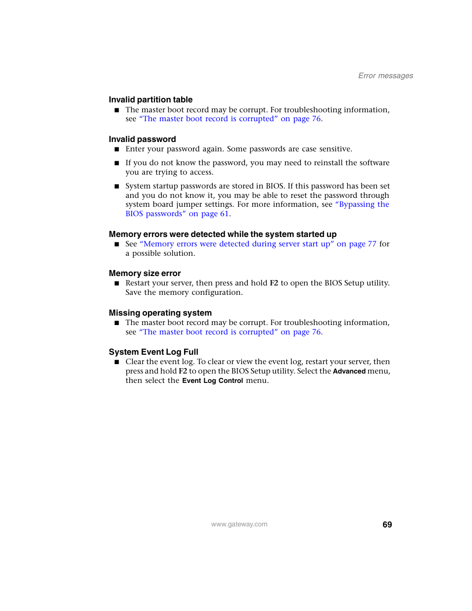 Invalid partition table, Invalid password, Memory size error | Missing operating system, System event log full | Gateway 920 User Manual | Page 74 / 122