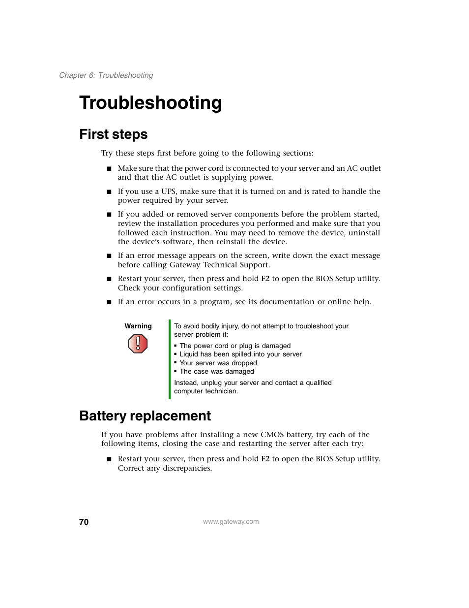Troubleshooting, First steps, Battery replacement | First steps battery replacement | Gateway 920 User Manual | Page 75 / 122