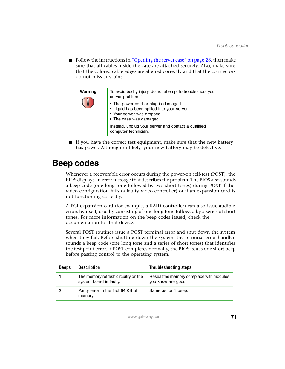 Beep codes, For troubleshoo | Gateway 920 User Manual | Page 76 / 122