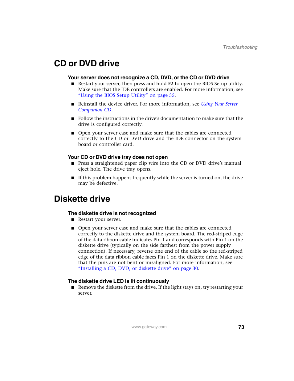 Cd or dvd drive, Your cd or dvd drive tray does not open, Diskette drive | The diskette drive is not recognized, The diskette drive led is lit continuously, Cd or dvd drive diskette drive | Gateway 920 User Manual | Page 78 / 122