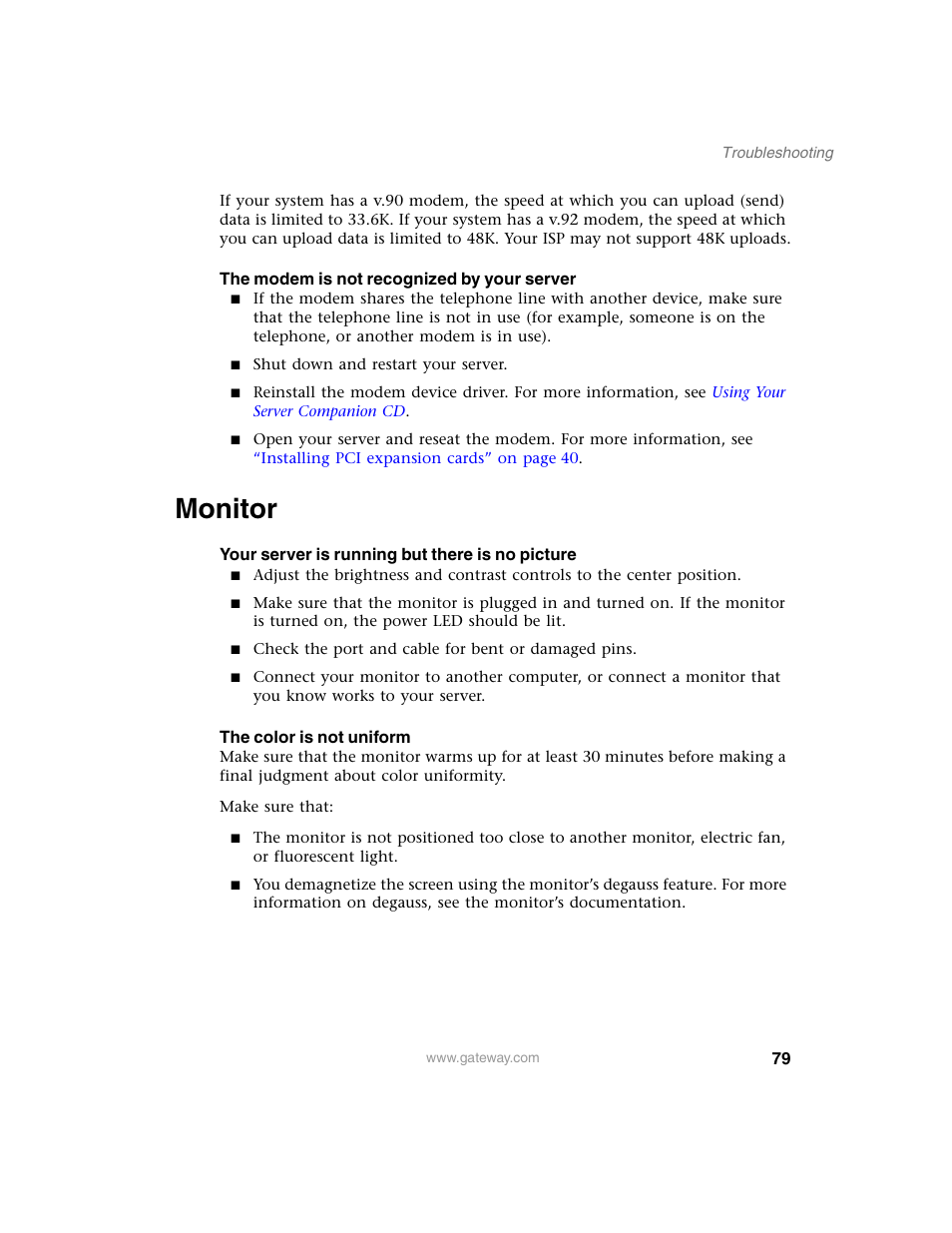 The modem is not recognized by your server, Monitor, Your server is running but there is no picture | The color is not uniform | Gateway 920 User Manual | Page 84 / 122