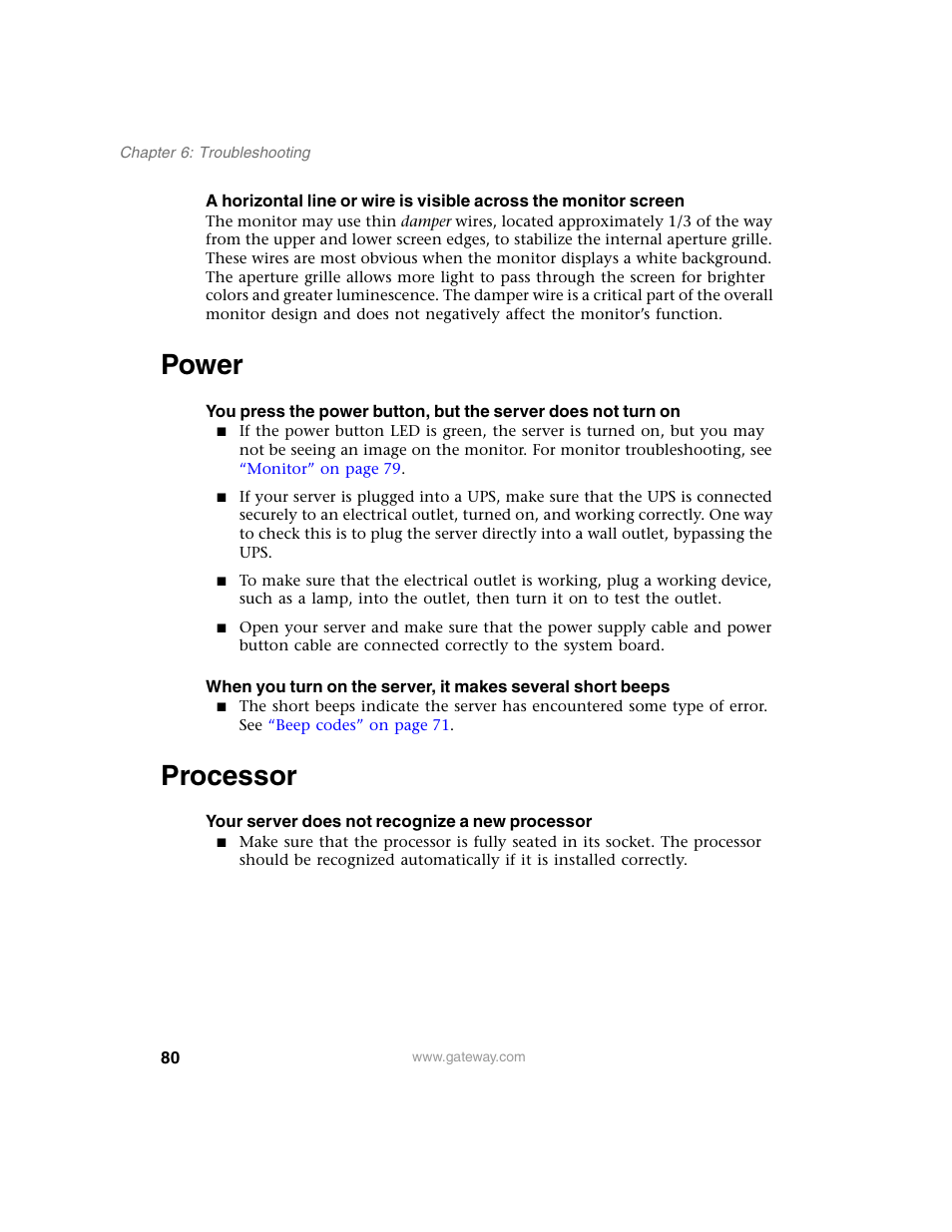 Power, Processor, Your server does not recognize a new processor | Power processor | Gateway 920 User Manual | Page 85 / 122