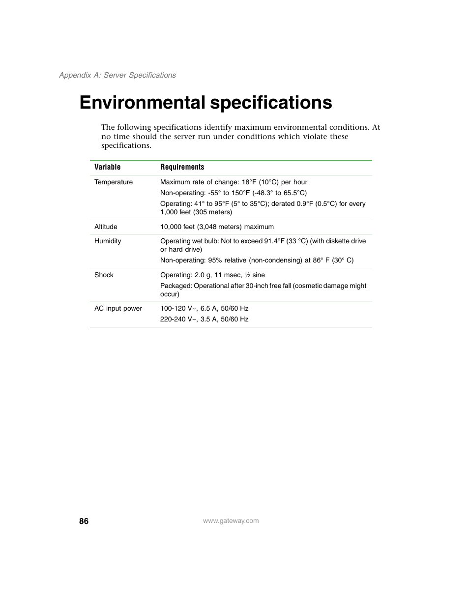 Environmental specifications | Gateway 920 User Manual | Page 91 / 122