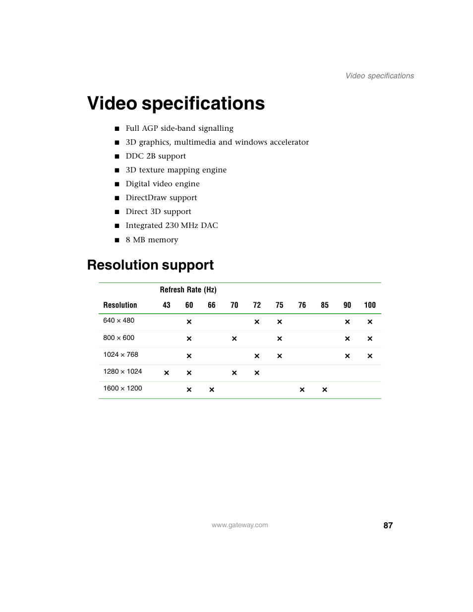 Video specifications, Resolution support | Gateway 920 User Manual | Page 92 / 122