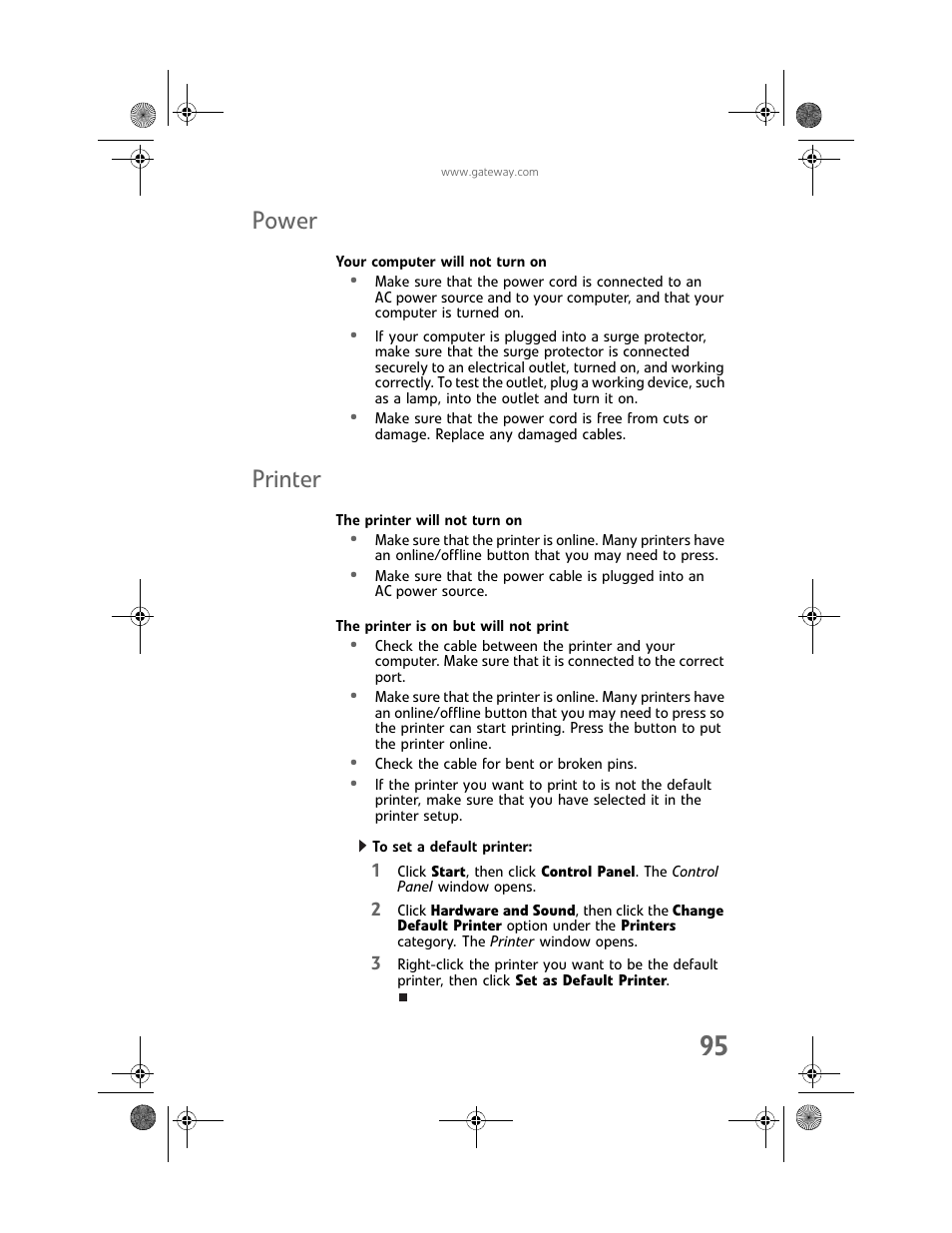 Power, Your computer will not turn on, Printer | The printer will not turn on, The printer is on but will not print, To set a default printer, Power printer | Gateway GT5448E User Manual | Page 101 / 138