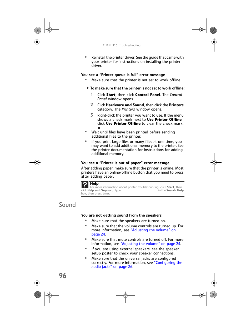 You see a “printer queue is full” error message, You see a “printer is out of paper” error message, Sound | You are not getting sound from the speakers | Gateway GT5448E User Manual | Page 102 / 138