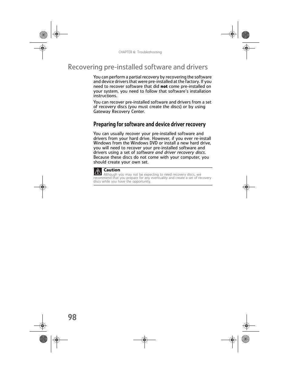 Recovering pre-installed software and drivers, Preparing for software and device driver recovery, Recovering | Gateway GT5448E User Manual | Page 104 / 138