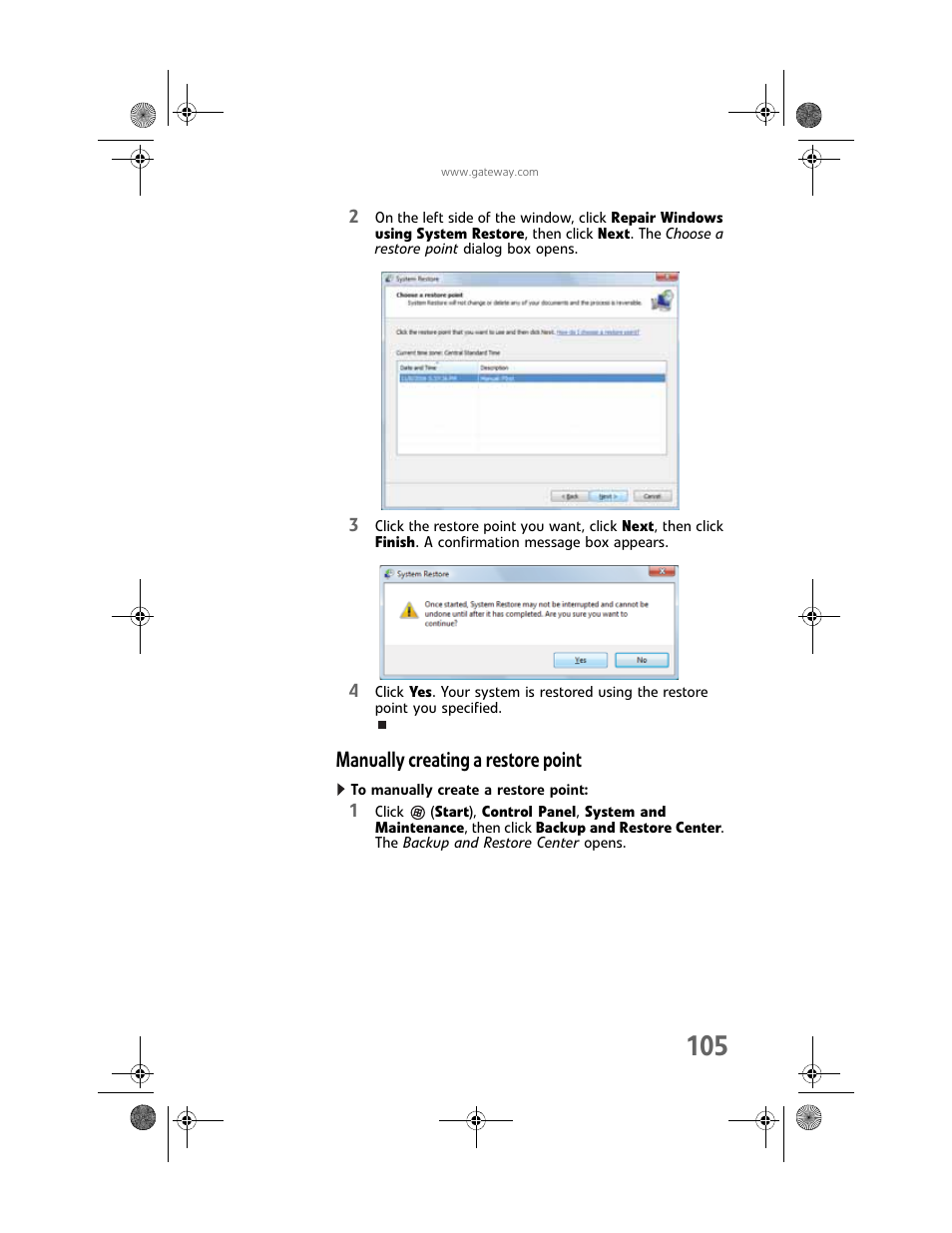 Manually creating a restore point, To manually create a restore point, Manually creating a restore point” on | Gateway GT5448E User Manual | Page 111 / 138