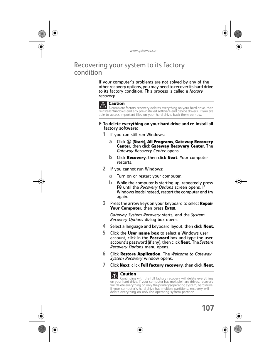 Recovering your system to its factory condition, Recovering your system to its factory | Gateway GT5448E User Manual | Page 113 / 138