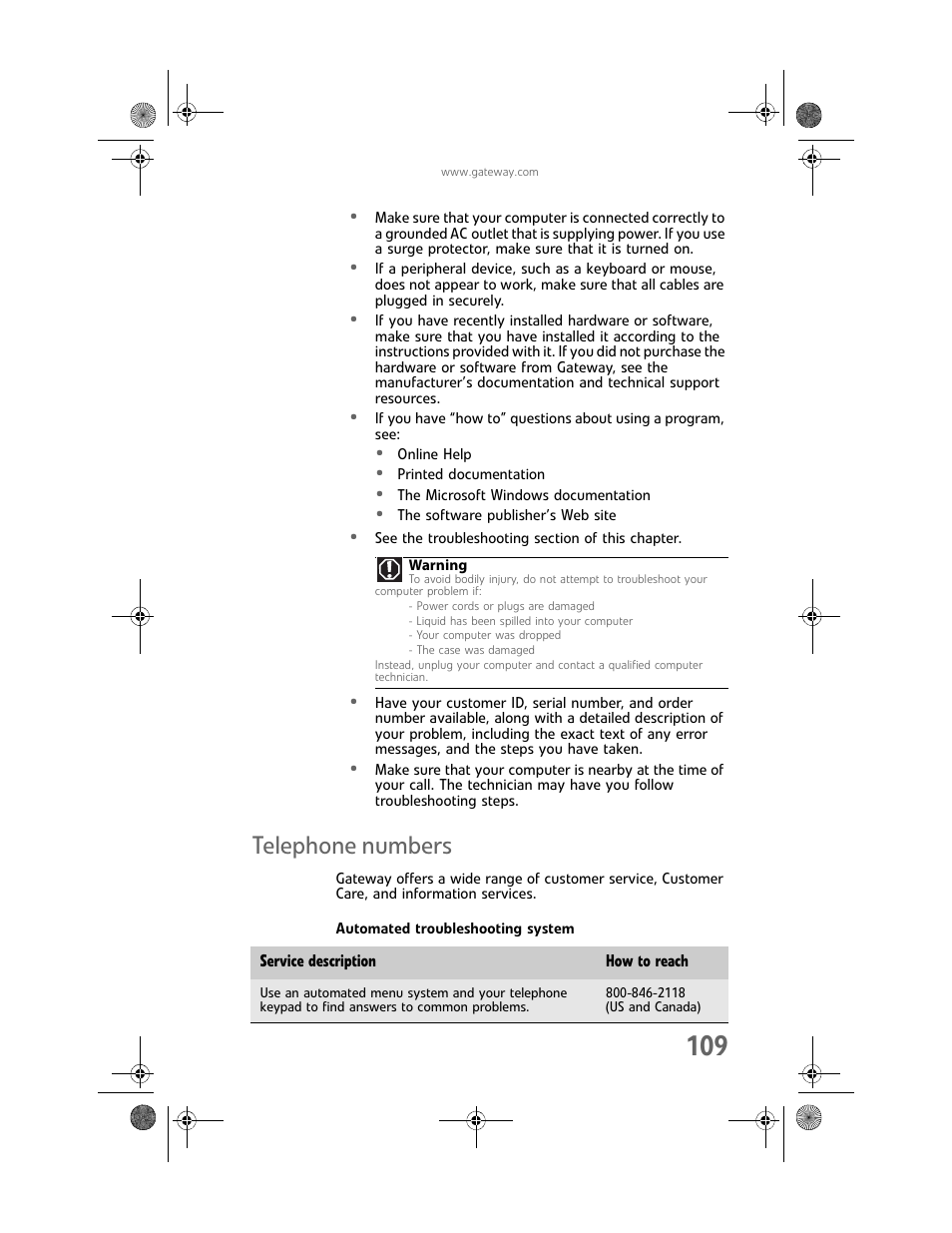 Telephone numbers, Automated troubleshooting system | Gateway GT5448E User Manual | Page 115 / 138